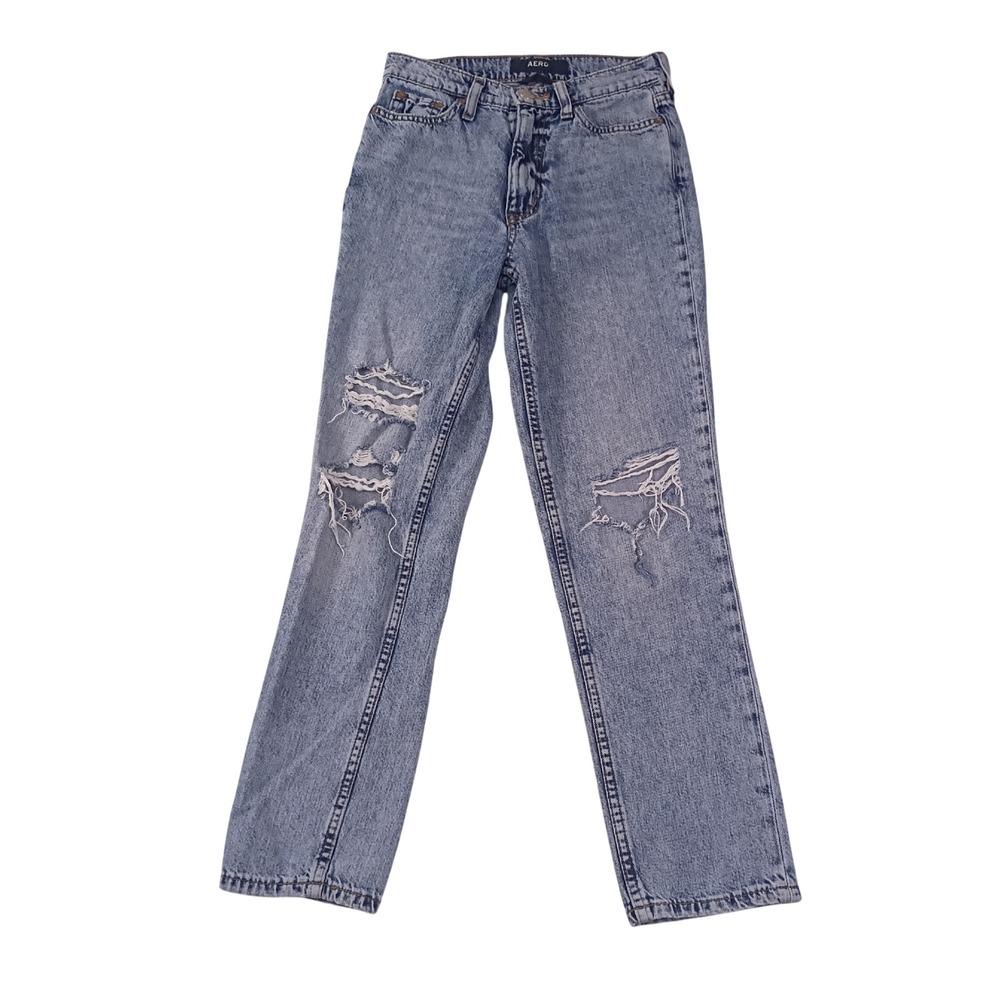 Aeropostale Mom Jeans Womens 00‎ 25x26 Regular Blue Distressed High Rise